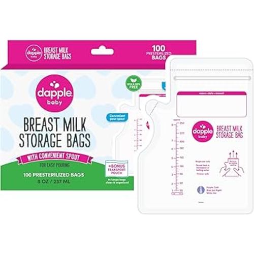 Dapple Breast Milk Storage Bags with East Pour Spout, Leakproof Double Zipper, BPA-Free, Pre-Sterilized, Temperature Sensor, Freezer-Safe, Pump Directly Into Bag, 8oz, 100ct