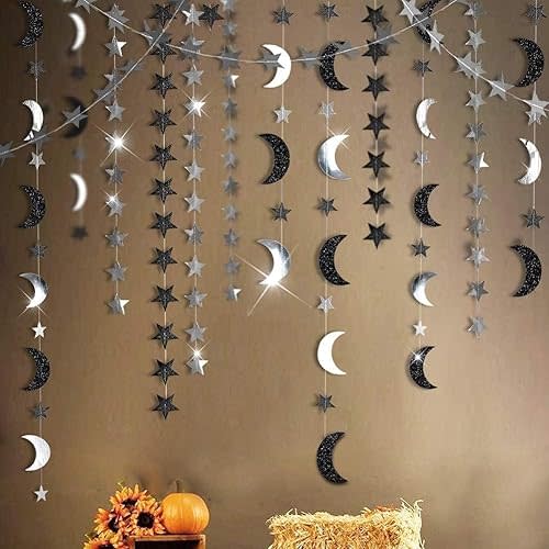 Cheerland Black Silver Moon Decoration Star and Gothic Christmas Decor Garland for Twilight Birthday New Year Eve Party Grunge Glitter Star Banner Celestial Wedding Baby Shower Ramadan Eid Mubarak