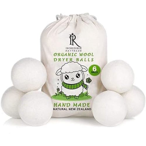 RAYTRADE XL Wool Dryer Balls 6-Pack 100% Made of Organic New Zealand Wool Reduces Clothing Wrinkles and Saves Drying Time Reusable Natural Fabric Softener Stocking Stuffer Gifts (White)