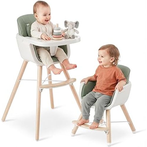 Mallify 3-in-1 Wooden High Chair, Convertible High Chairs for Babies and Toddlers, Baby Highchair with Adjustable Legs & Dishwasher-Safe Tray, Sleek Hardwood & Premium PU Cushion, Green