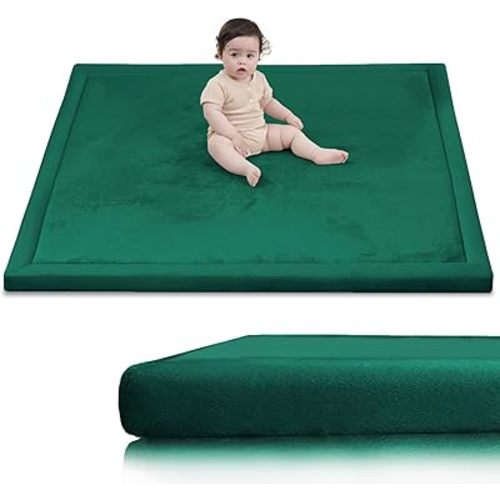 Baby Play Mat for Floor,1.3" Thick Elasti-Foam 50x50 Playpen Mats for Toddlers Infant Kids,Water-Repellent Soft Coral Velvet Tummy Time,Non Slip Crawling Rug,Tatami Mats(Dark Green)