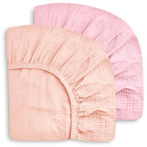 SWEET DOLPHIN 2-Pack Muslin Crib Sheets for Boys & Girls, Ultra Soft Breathable 40S Long-Staple Cotton Fitted Baby Sheets for Standard Crib Mattress 52"x28", Light Sakura- Nursery Essentials