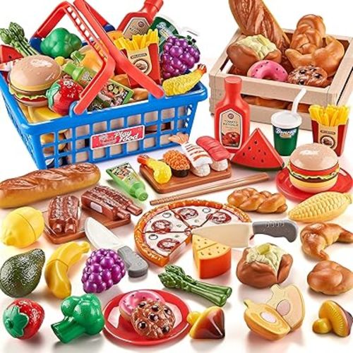 Play Food Sets for Kids Kitchen, Global Cuisine Toddler Cutting Fake Food Toys Including Pizza, Sushi & Bakery , Pretend Toy Food & Play Kitchen Accessories with 2 Baskets, Ideal Gift for Boys Girls
