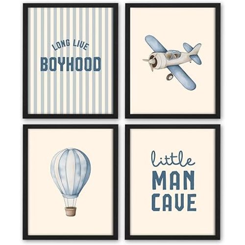 NaZaUK Vintage Baby Boy Nursery Decor Poster, Long Live Boyhood Room Decor Wall Art Airplane Hot Air Balloon Nursery Decorations, Little Man Cave, Playroom, 8x10inches Set of 4