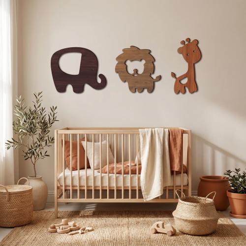 Safari Nursery Wall Decor Set, Wooden Lion Elephant Giraffe Wall Art, Baby Room Decor, Minimalist Kids Room, Jungle Animals