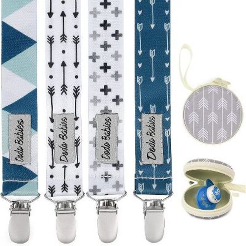 Dodo Babies Pacifier Clip Set - Four Clips Plus Binky Case - Universal Holder Fits Most Paci Brands, Teether Toys