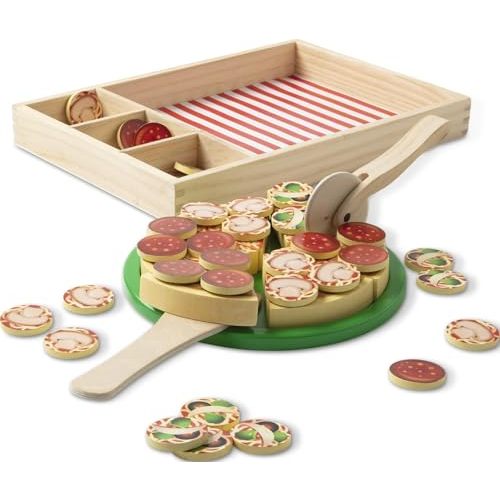 Melissa & Doug Wooden Pizza Party Play Set, 36 Self-Stick Toppings, Pizza Toy Kitchen Set & Play Kitchen Accessories, Preschool Toys for Boys & Girls 3+