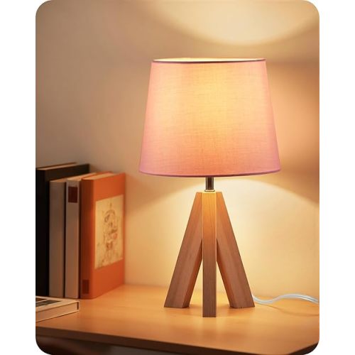 Pink Table Lamp, Small Tripod Table Lamp, Boho Bedside Lamp with Linen Shade & Wood Base, Modern Nightstand Lamp, Cute Desk Lamp for Girl's Room, Kids Room, Bedroom, Office, Pink P51TL05