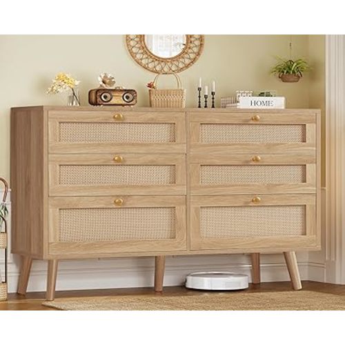 TEENFON 6 Drawer Double Dresser for Bedroom, Boho Dresser with Solid-Wood Legs, Nursey Dressers, Kids Dressers, Chest of Drawers for Entryway, Living Room, Natural