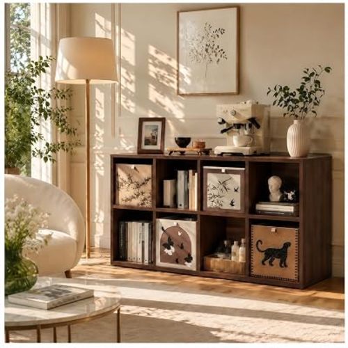 Solid Wood 8 Cube Storage Organizer Shelf with 4 Bins, Wooden Open-Style Double-Tier Floor-Standing Low Bookcase, Cubby Storage Organizer Bookshelf, Shelves(Solid Wood, Walnut Color