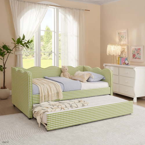 Twin Size Gingham Daybed with Trundle, Wave Shaped Sofa Bed with USB Port, No Box Spring Needed