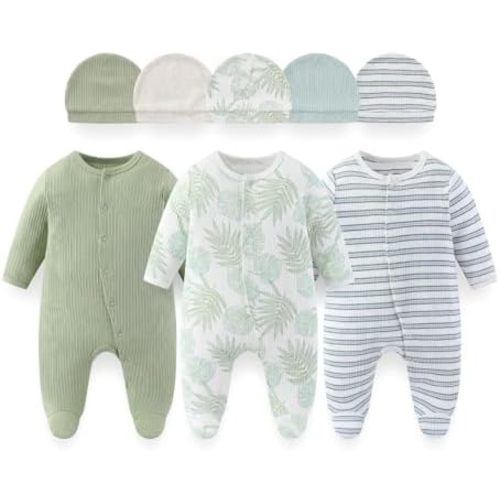 8Pcs Unisex Baby Set Footed Rompers with Newborn Matching Hats