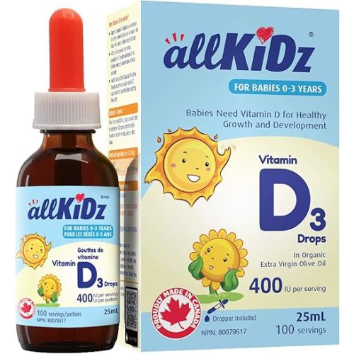 allKiDz Vitamin D3 Drops for Infants Babies Kids Children, Made in Canada, 400 IU Vitamin D Supplement, Helps Calcium Absorption Bone and Teeth, With Organic Extra Virgin Olive Oil, Liquid With Dropper, 25 Milliliter = 100 Days