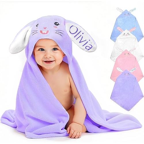 Individz Serviette de bain à capuche personnalisée avec nom, serviettes personnalisées très absorbantes, serviettes de bain pour bébé pour filles et garçons, cadeaux de fête d'anniversaire de Pâques