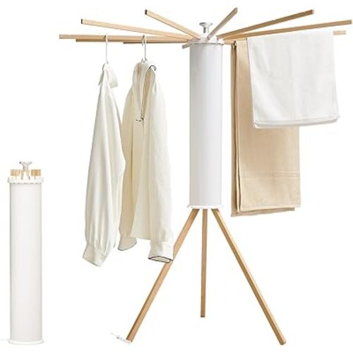 JOOM Tripod Clothes Drying Rack, Garment Rack Portable and Foldable Space Saving Laundry Drying Rack - Drying Rack Clothing 12 Rods Wooden