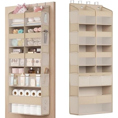 SONGMICS Over-the-Door Organizer, 9-Compartment Door Hanging Storage Shelf, Foldable Closet Hanging Organizer, Heavy-Duty, Metal Hooks, Transparent, Summer Sand URDH009LF01