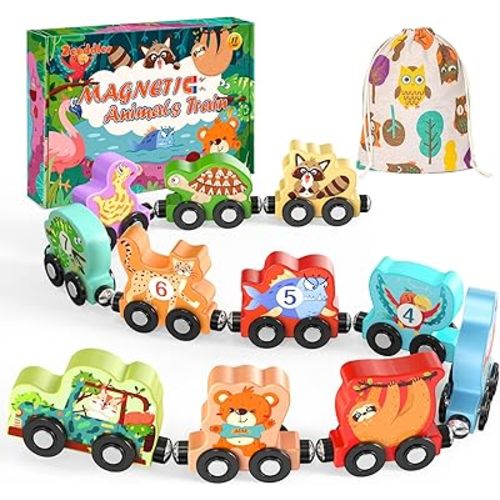 Toys for Toddlers, 11 Magnetic Wooden Animals Train Set, Montessori Toys for Toddlers, Learning Activities, Sensory Activities for Kids, Birthday Gifts for Boys, Girls