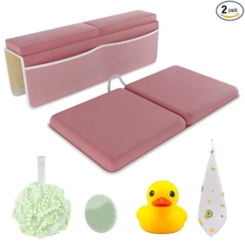 Sleepah Bath Kneeler and Elbow Kneeling Rest Pad Set for Baby Bathing – Waterproof Soft Memory Foam Mat Organizer Babies & Toddler Bathing Time Toys Sponge (Pink)