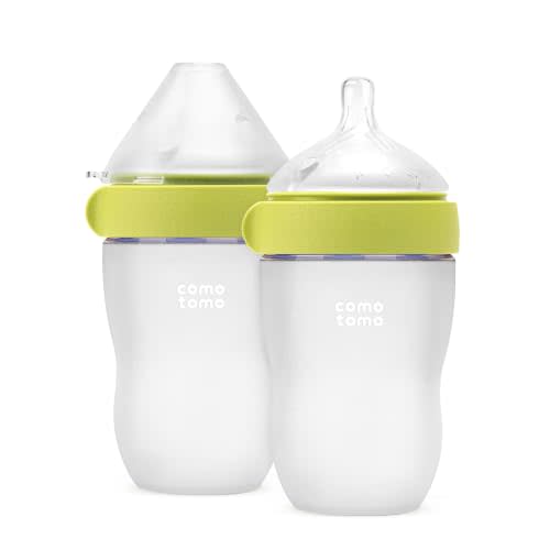 Comotomo (Gen 2) Silicone Baby Bottle, Green, 8oz, 2-Pack | Premium food-contact grade silicone bottle with a soft nipple and dual anti-colic vents for natural and comfortable feeding.