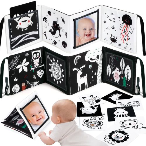 URMYWO Black and White Baby Toys, Tummy Time High Contrast Newborn Toys 0-3 Months, Baby Boy Girl Gifts, Visual Stimulation Learning Activity Cards, Soft Baby Book, Montessori Infant Toys 0-12 Months