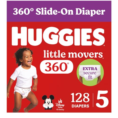 Huggies Little Movers HuggFit 360 Diapers Size 5, 128 Count (2 Packs of 64) | Pull On Diapers, Double Grip Strips, Secure Flexible Fit, Up to 12-Hour Protection, Dry Touch Liner, Wetness Indicator