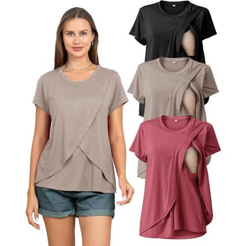 Rnxrbb 3 Pack Women's Nursing Tops for Breastfeeding Summer Short Sleeve T Shirts Postpartum Double Layer Clothes