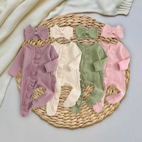 Waffle Knit Baby Jumpsuit: Ruffled Footie with Bow, Newborn Coming Home Outfit