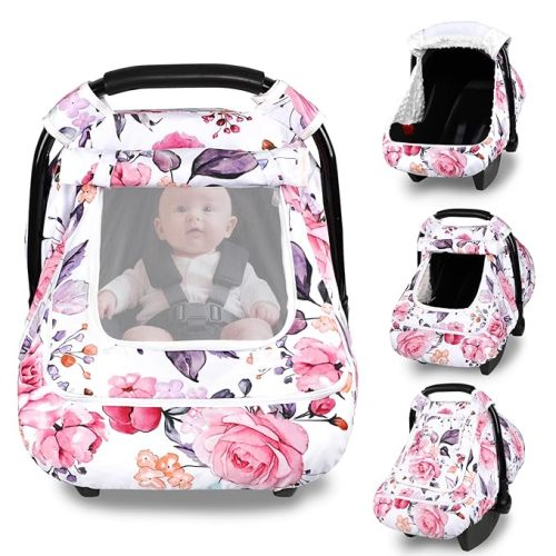 Floral Baby Carseat Cover Girls, Pea Pod Infant Car Seat Covers Canopy for Newborn with 2 Layers Windows of Breathable Mesh/Fabric, Lightweight Polyester/Minky Dot Backing, Snug Fit Most Baby Car Seat
