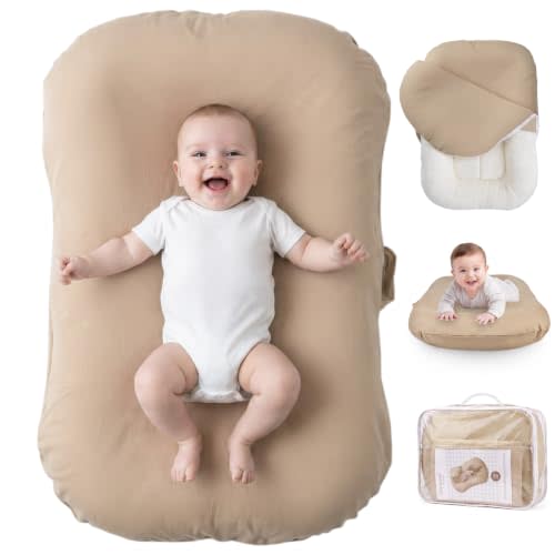 Baby Lounger for Newborn - Infant Lounger 0-24 Months, Soft Breathable Cotton, Perfect for Tummy Time, Portable Baby Nest Pillow for Home & Travel (Light Camel, Cover Included)