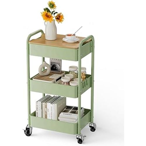 3 Tier Rolling Cart with Table top, Metal Rolling Utility Cart, Sturdy Storage Organizer Cart with Locking Wheels & Hooks for Office, Classroom, Kitchen and Bathroom