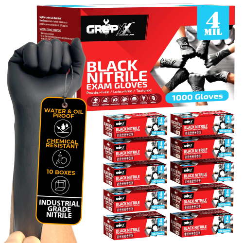 London Labs Disposable Industrial Black Nitrile Gloves 4 Mil Thick 1000 Count Latex Free Powder Free Medium