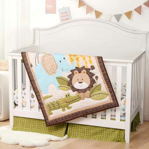 Sweet Baba 3 Piece Crib Bedding Set for Boy, Soft Cotton Baby Bedding Set, Portable Standard Crib Set, Safari Woodland Lion Elephant Crib Set in Yellow