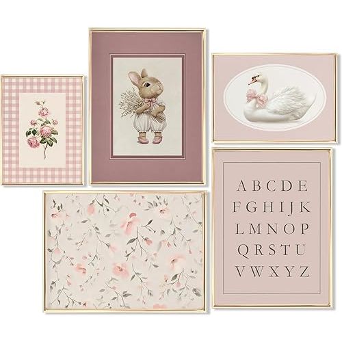 5Pcs Vintage Nursery Wall Art Girl Nursery Wall Decor Painting Pictures Cottagecore Poster Prints Newborn Artwork for Girls Room Gallery Home Decoration 12x16in Unframed