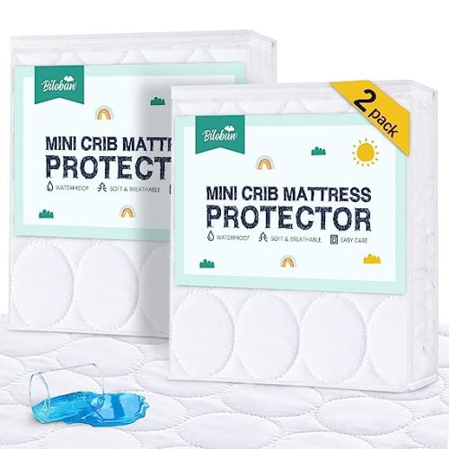 Mini Crib Mattress Protector Sheets Waterproof 2 Pack, Quilted Pack and Play Mattress Pad Cover Fits for Mini Crib/Playen/Pack and Play Mattress, White, 38"x24"