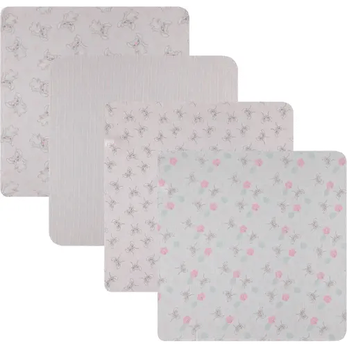 Disney Baby 4-Pack Receiving Blankets — 100% Cotton Flannel, 28" x 28" — Available in Mickey, Minnie, Pooh, Stitch or Angel — Soft Swaddle, Burp & Stroller Blankets — Gift-Ready with Ribbon Bow