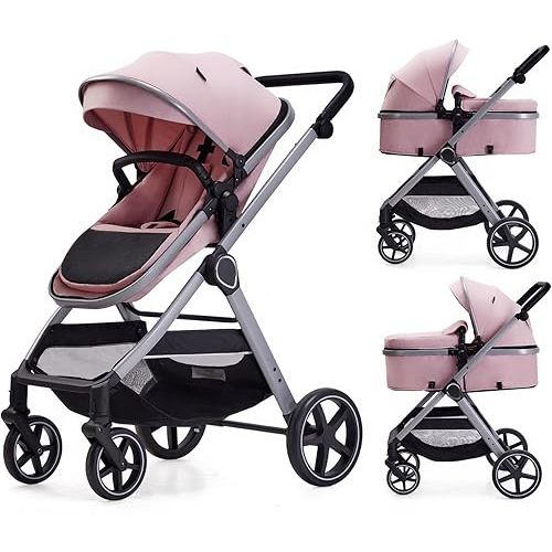 Lortsybab 2 in 1 Baby Stroller, Newborn Infant Toddler Convertible Pram Stroller for 0-36 Months Old Babies (Pink)