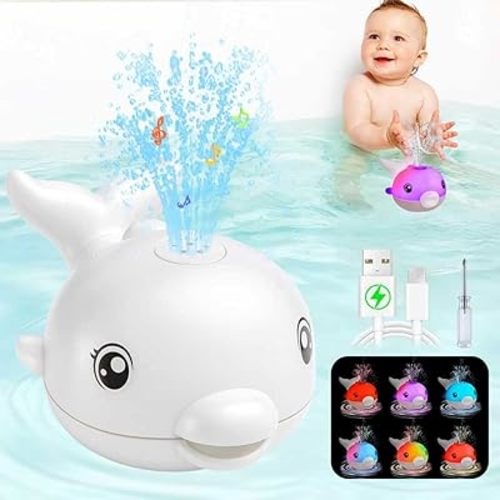 Bath Toys, Light Up Dolphin Baby Bath Toys for Babies 6-12 12-18 Months, Rechargeable Sprinkler Musical Toys, Easter Basket Stuffers Bathtub Toys for Toddlers 1-3 2-4 Boys Girls Infant Kids- White