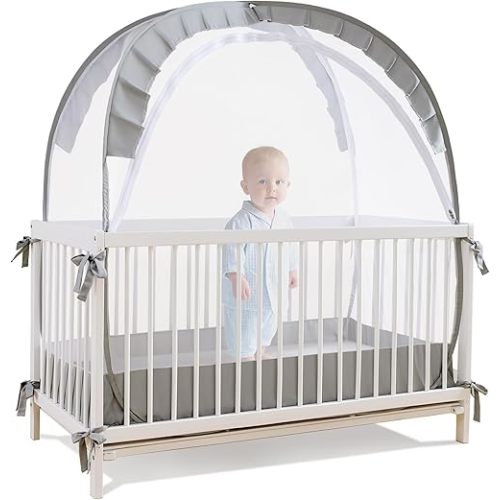 Lazyzzzz Baby Crib Tent - Pop Up Crib Canopy with Double Zipper Self-Locked,1200 Holes/Inch Mesh Crib Net to Keep Baby from Climbing Out, Portable Easy Install 55" L x 27" W x 51" H Grey