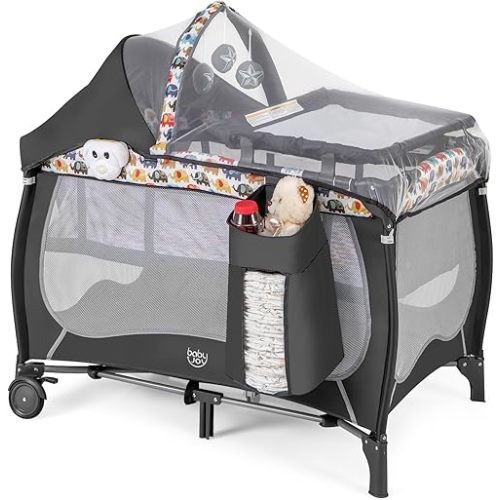 BABY JOY 4 in 1 Pack and Play, Portable Baby Playard with Bassinet, Adjustable Canopy, Changing Table, Lockable Wheels, Music Box, Travel Baby Crib Bassinet from Newborn to Toddler