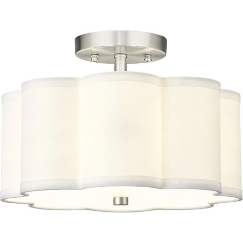 Semi Flush Mount Ceiling Lights, 3-Light 13" Ceiling Light Fixtures with Fabric Shade in Flower Shape, Brushed Nickel Drum Lighting for Nursery Hallway Bedroom Kitchen, AD-22007-3SF-SN
