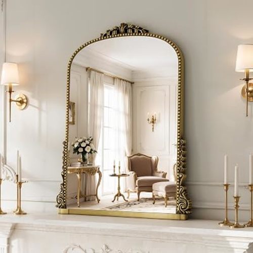 24x32 inch Arched Bathroom Mirror - Wall Vanity Mirror with Beautiful Retro Top and Bottom Engraving Process Frame, for Entryway, Fireplace, Living Room, Hallway or Wall Decor (Upgrade Tempered Glass)