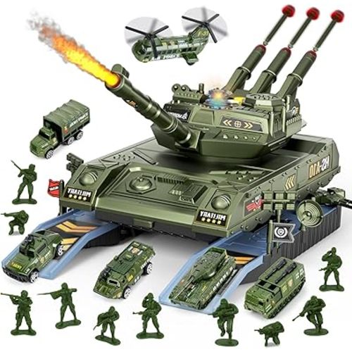 Army Tank Toys for Boys 3 4 5 6 7 8 Years Old, Military Toys Playset with 6 Mini Die-Cast Cars Helicopter & 10 Army Men Toy Soldiers, Kids Christmas Birthday Gifts Present for Boys Age 3+