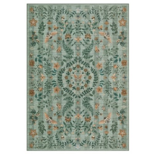 Insect Botanical Washable Area Rugs, Green 8'X10' Boho Under Table Carpet for Living Room Bedroom Dining Room Playroom Nursery Kids Room Farmhouse