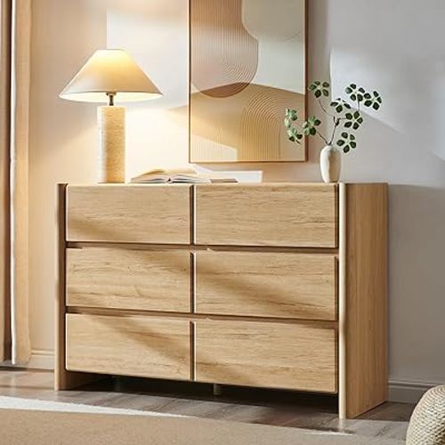 Modern 6 Drawers Dresser for Bedroom, 47" Wide Dresser w/Large Storage & Rounded Corner, Wood Handleless Chests of Drawers w/Natural Texture for Bedroom, Hallway, Living Room-Natural
