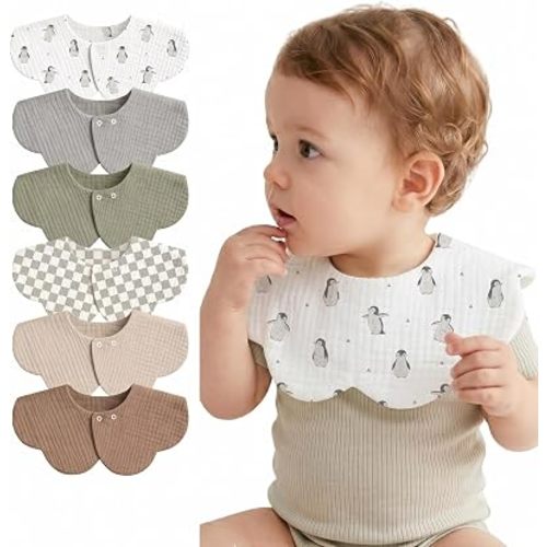 MairMore 6-Pack Muslin Baby Bibs, 360° Rotate Flower-Shaped Drool Bibs