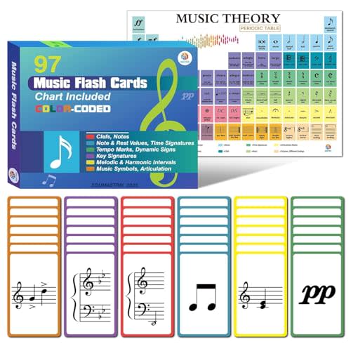 97 Music Theory Flash Cards with Cheatsheet for Beginners with Study Guide, Includes Notes, Rhythm, Clefs, Time Signatures.