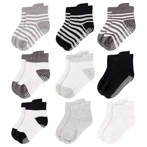 Rising Star Baby Boys’ 9-Pack Non-Slip Grip Ankle Socks, Soft Cotton Blend, Gray, 6–12M