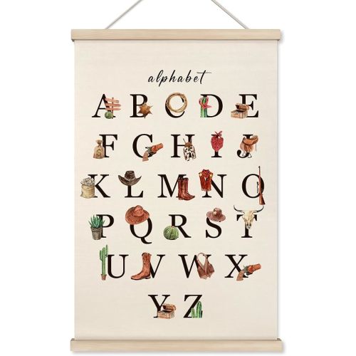 HRQKO Western Alphabet Poster Hanger Frame, ABC Poster Wall Art with Wooden Frames, Alphabet Banner Wall Hanging Decor for Boys Cowboys Room, 16x24 inch