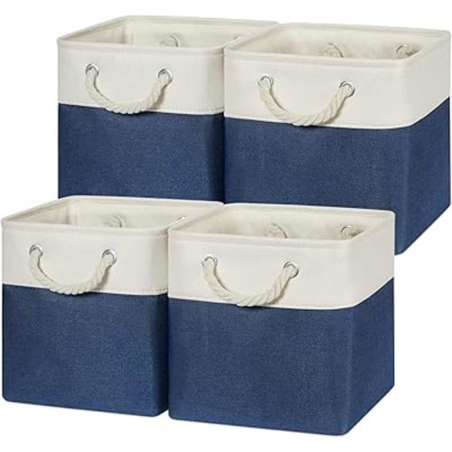 Temary Fabric Storage Cubes 11x11 Cube Storage Bins 4Pack Blue Basket for Organizing Home, Closet, Empty Gift Baskets with Handles (White&Blue)