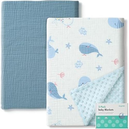 ANYEDDE 2 Pack Baby Blankets with Muslin Cotton and Minky Dots for Toddler Boys - Super Soft Baby Minky Blanket, Nursery Newborn Blanket with Double Layer, Blue Dolphin Lightweight Infant Blankets